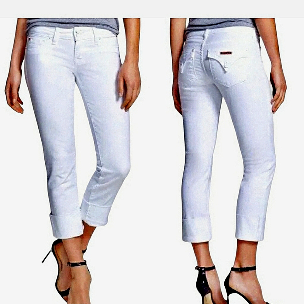 HUDSON GInny Cropped Straight Cuffed White Denim Jeans Size 30 stretch pre-owned